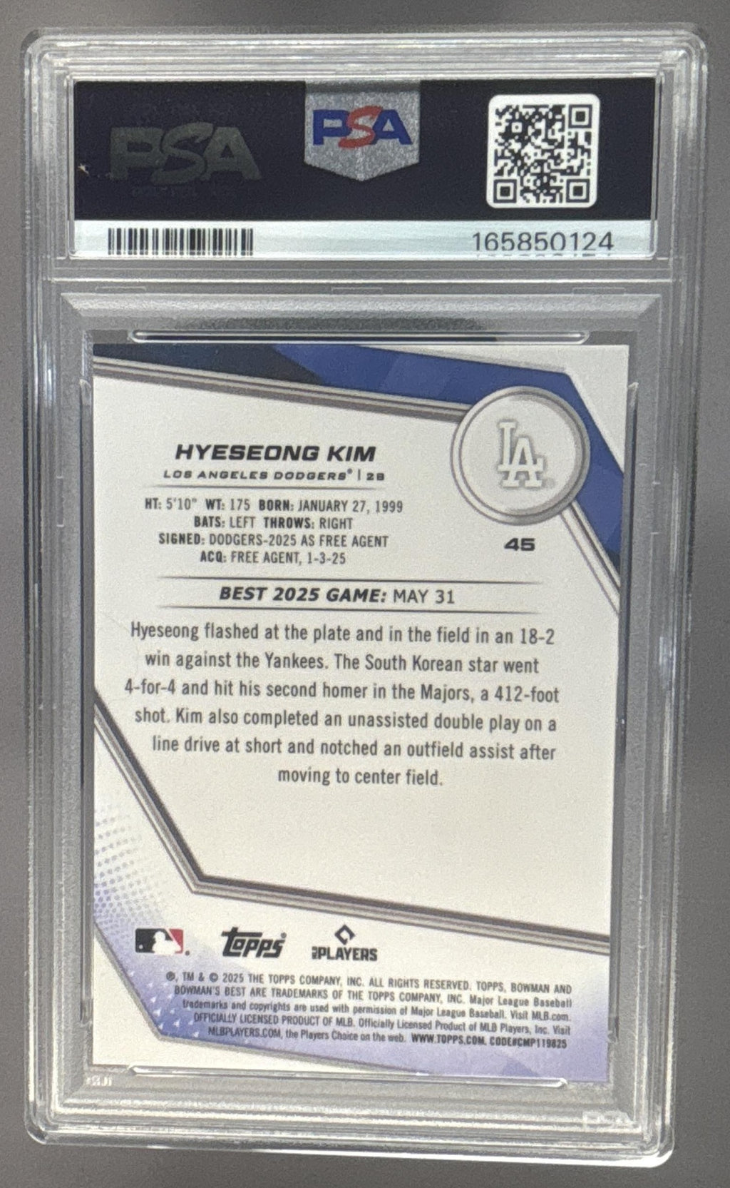2025 Bowman's Best Hyeseong Kim #45 Yellow Lazer Refractor /75 RC PSA 9