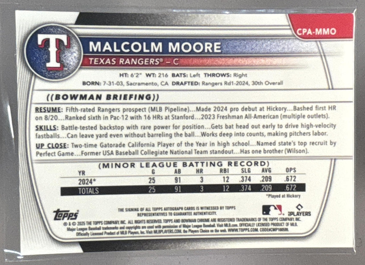 2025 Bowman Malcolm Moore #CPA-MMO Chrome Auto Blue Refractor /150 1st Prospect