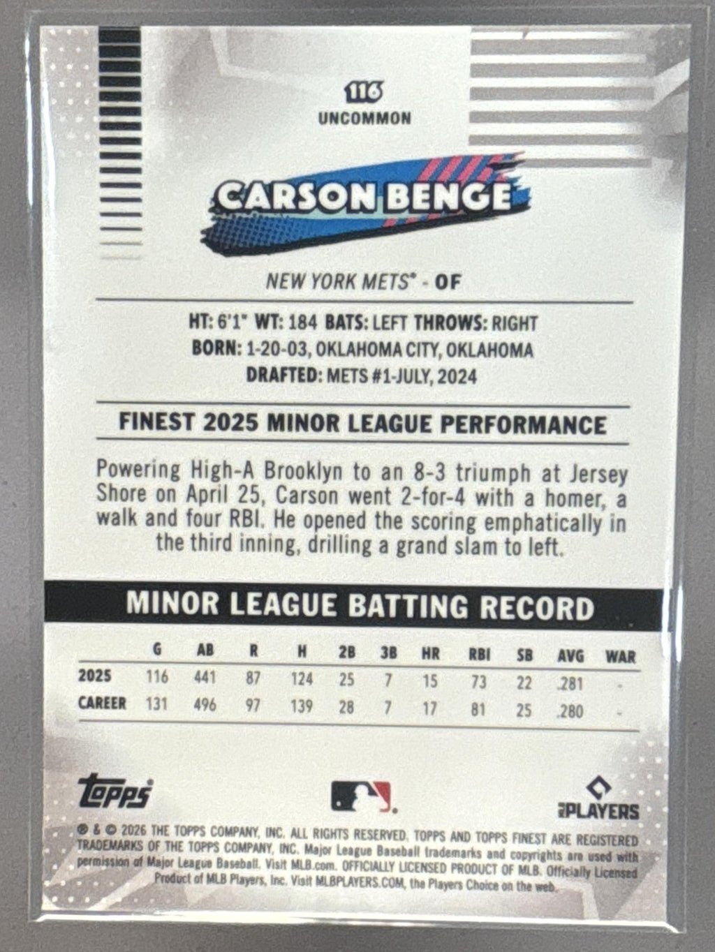 2026 Topps Finest Carson Benge #116 Uncommon Purple X-Fractor 3/75 RC Mets
