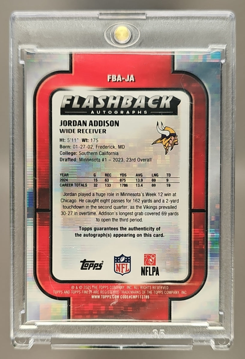 2025 Topps Finest Jordan Addison #FBA-JA Flashback Auto Red Refractor /5