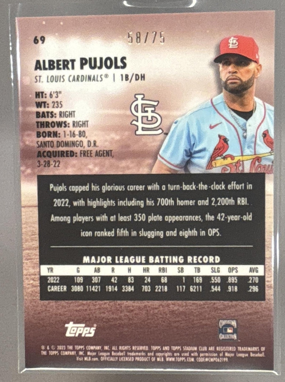 2023 Topps Stadium Club Albert Pujols #69 Chrome Purple Refractor /75