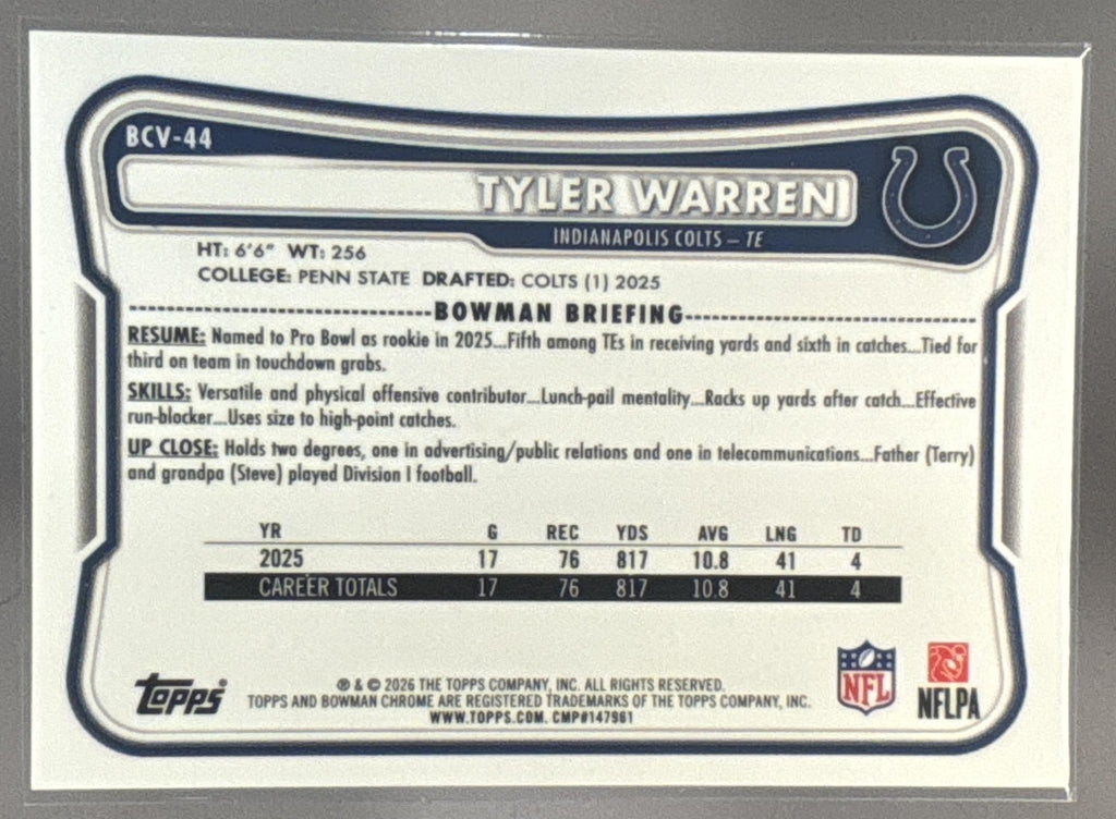 2026 Bowman Tyler Warren #BCV-44 Chrome NFL Orange Mega Refractor /25 Colts