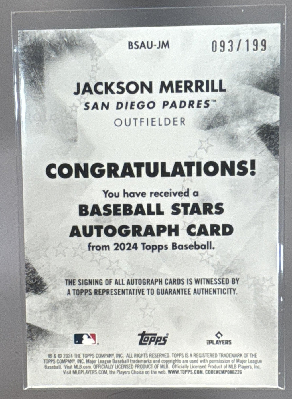 2024 Topps Update Jackson Merrill #BSAU-JM Baseball Stars Auto Black /199