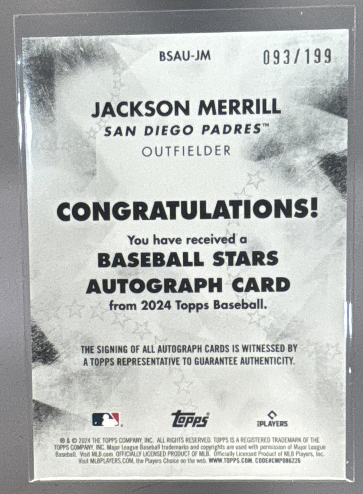 2024 Topps Update Jackson Merrill #BSAU-JM Baseball Stars Auto Black /199
