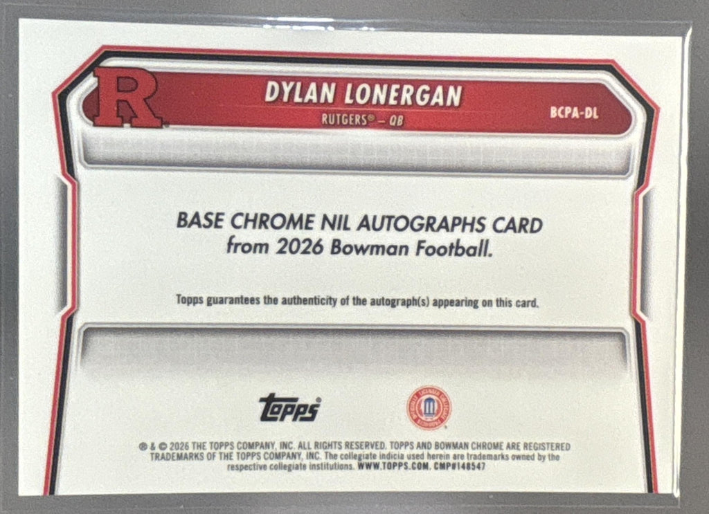 2026 Bowman Dylan Lonergan #BCPA-DL Chrome Auto Blue Refractor /150 1st Prospect