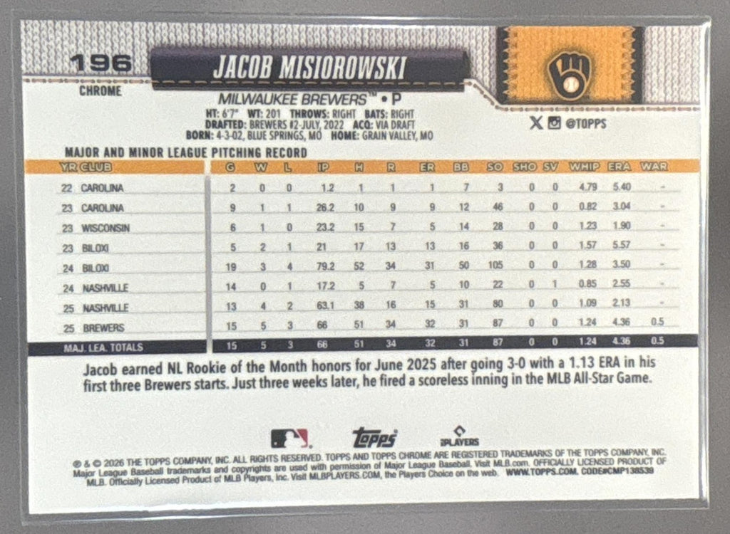 2026 Topps Chrome Sapphire Jacob Misiorowski #196 RC Brewers