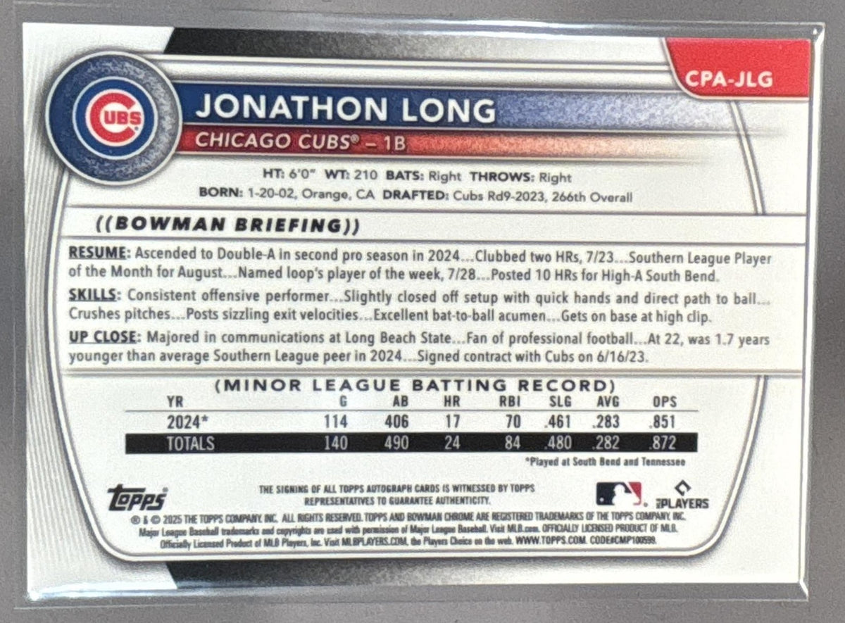 2025 Bowman Jonathon Long #CPA-JLG Chrome Auto Orange Refractor /25 1st Prospect