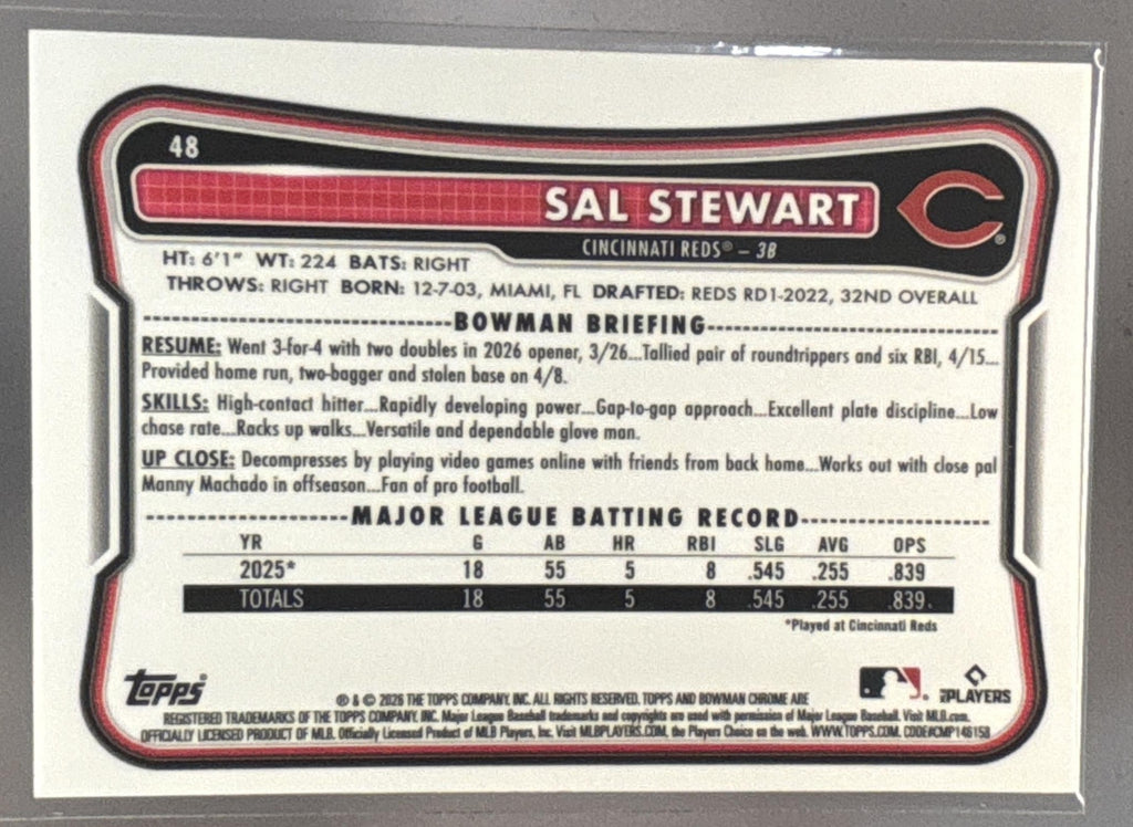 2026 Bowman Chrome Sal Stewart #48 Red RC Variation Reds