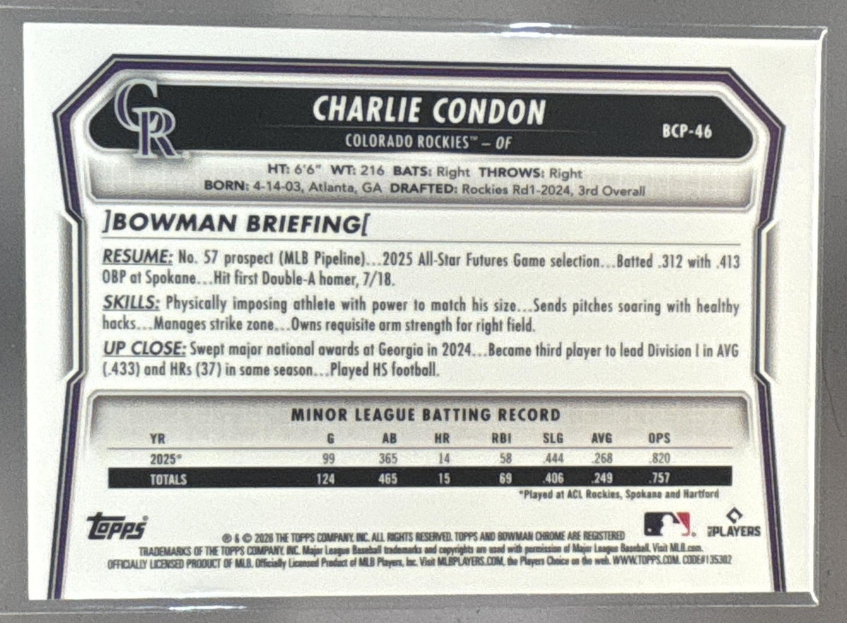 2026 Bowman Sapphire Charlie Condon Chrome Prospects Yellow Refractor /75