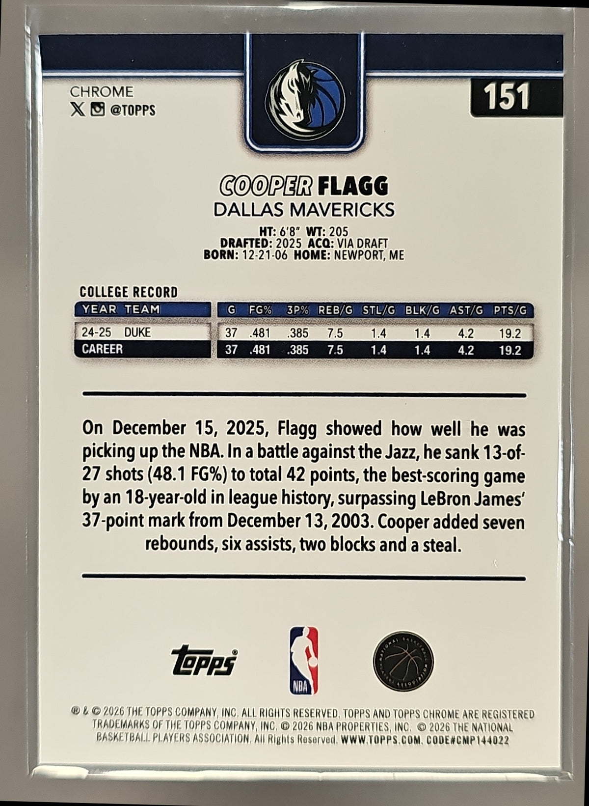 2025-26 Topps Chrome Update Cooper Flagg #151 X-Fractor RC Mavericks