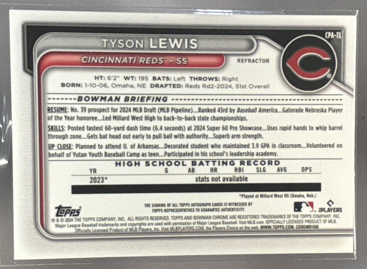 2024 Bowman Draft Tyson Lewis #CPA-TL Chrome Auto Refractor /499 1st Prospect