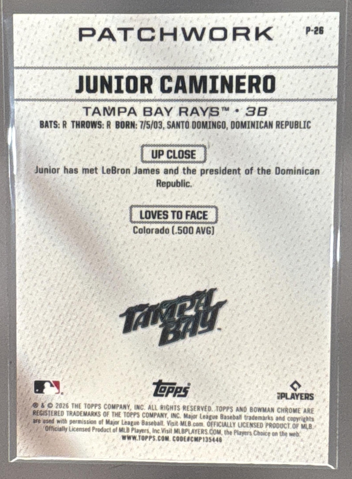 2026 Bowman Junior Caminero #P-26 Patchwork SSP Rays