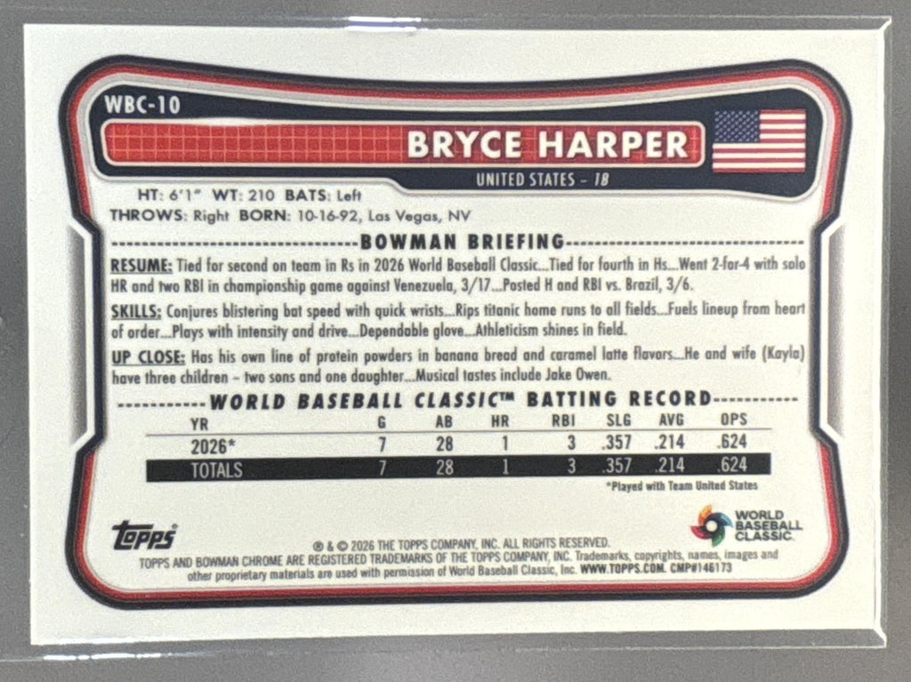 2026 Bowman Chrome Bryce Harper #WBC-10 WBC Flag Variation Green Refractor 26/99