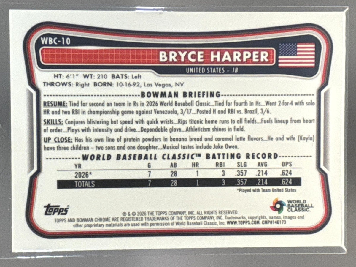 2026 Bowman Chrome Bryce Harper #WBC-10 WBC Flag Variation Green Refractor 26/99