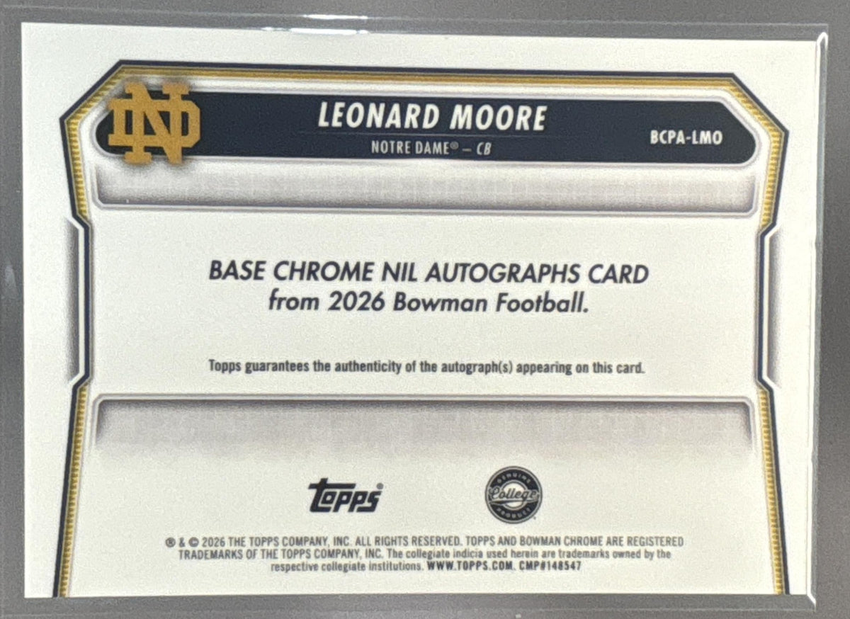 2026 Bowman Leonard Moore #BCPA-LMO Chrome Auto 1st Prospect Fighting Irish