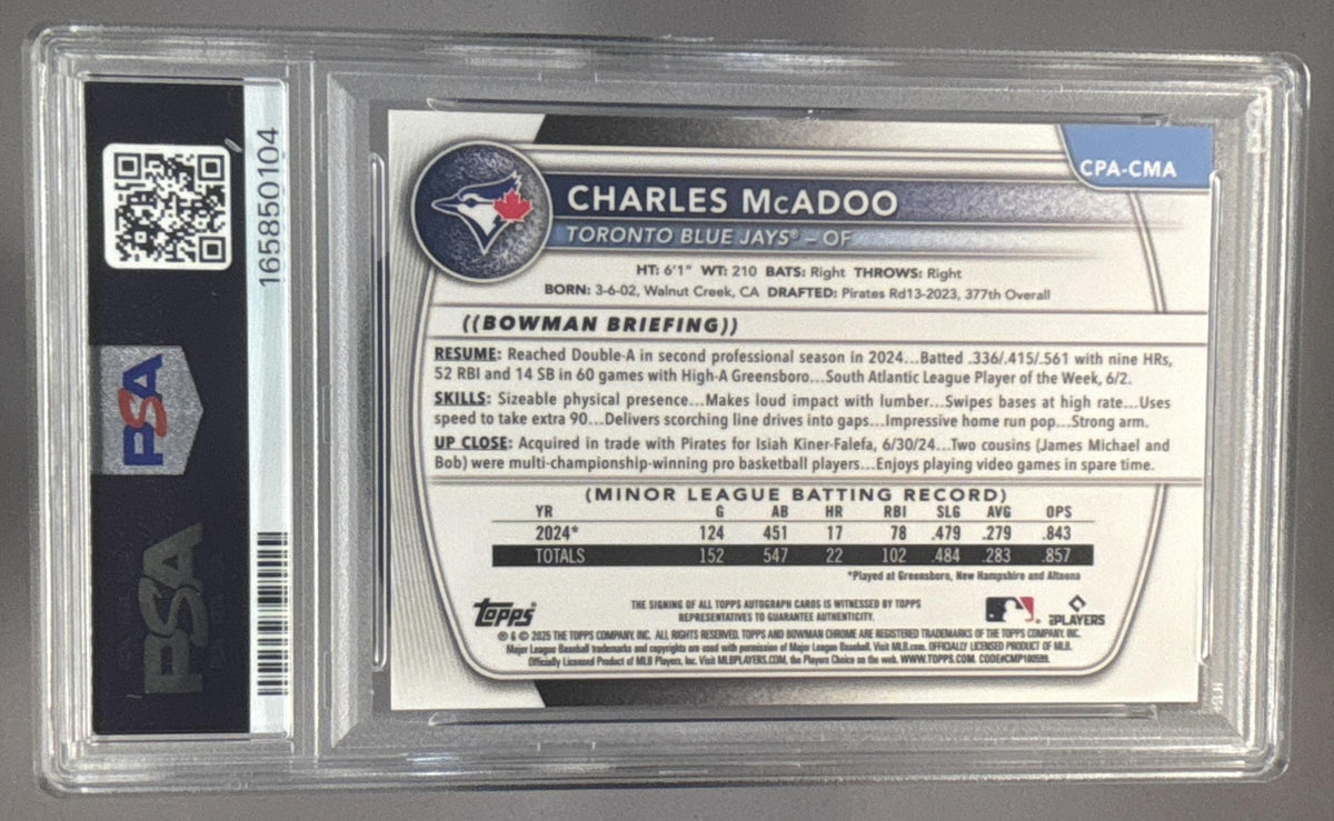 2025 Bowman Charles McAdoo #CPA-CMA Chrome Auto Blue Refractor /150 1st PSA 9