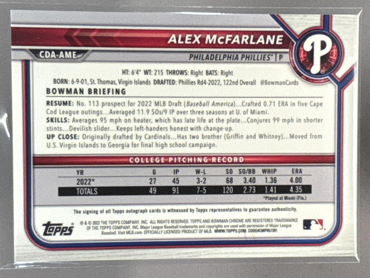 2022 Bowman Draft Alex McFarlane Chrome Auto Red Lava Refractor /5 1st Bowman