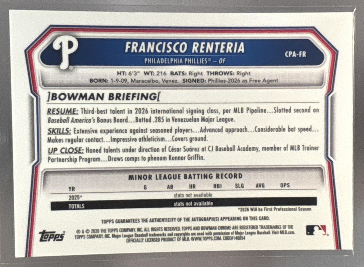2026 Bowman Chrome Francisco Renteria #CPA-FR Auto 1st Prospect Phillies