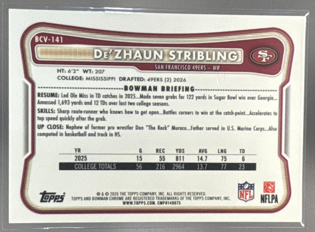 2026 Bowman De'Zhaun Stribling #BCV-141 Chrome NFL Aqua Mega Refractor RC /199