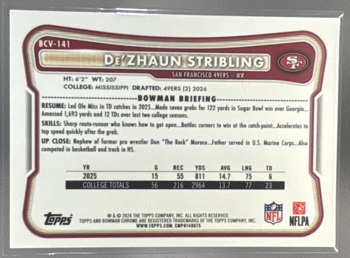 2026 Bowman De'Zhaun Stribling #BCV-141 Chrome NFL Aqua Mega Refractor RC /199