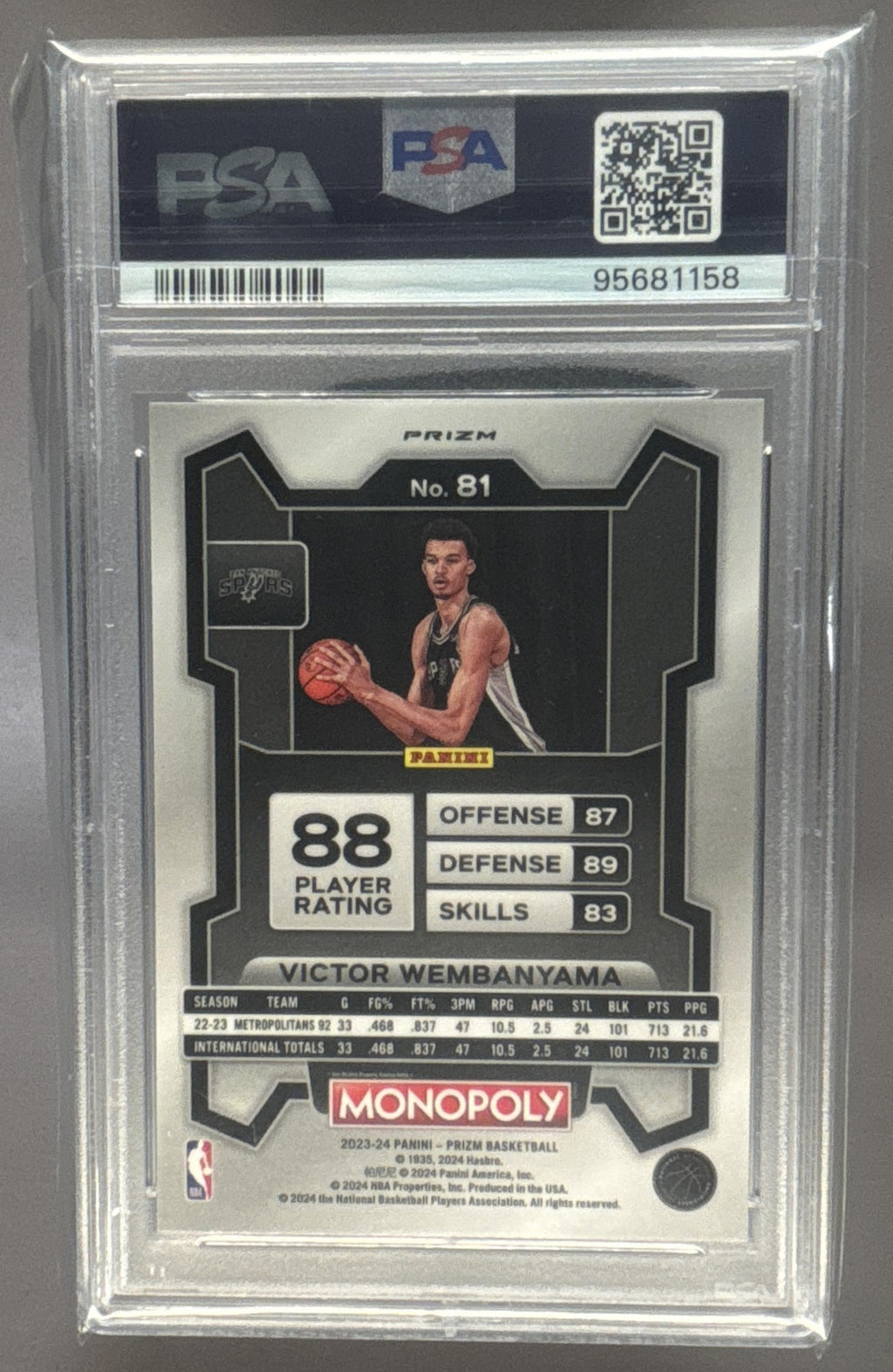 2023-24 Panini Prizm Monopoly Victor Wembanyama #81 Purple RC Spurs PSA 9