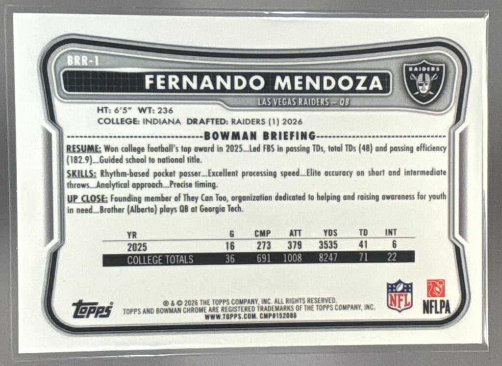 2026 Bowman Fernando Mendoza #BRR-1 Chrome Rookie Red RC Variation Raiders