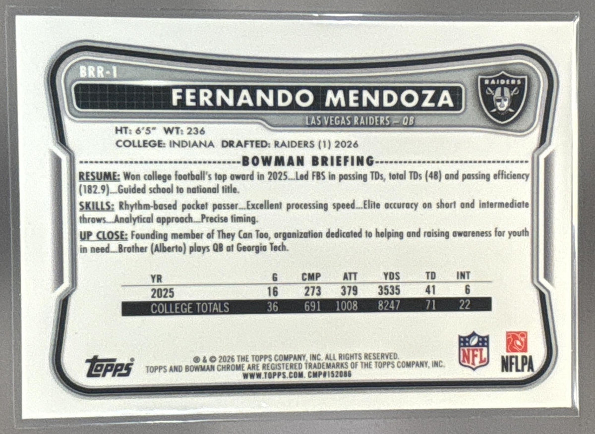2026 Bowman Fernando Mendoza #BRR-1 Chrome Rookie Red RC Variation Raiders