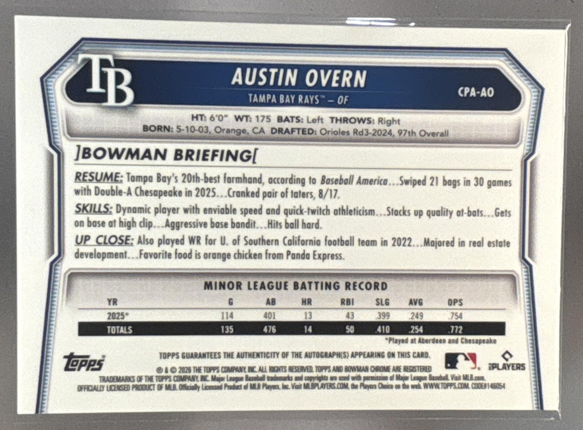 2026 Bowman Chrome Austin Overn #CPA-AO Auto Green Refractor /99 1st Prospect