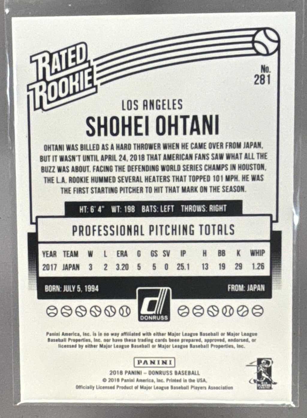 2018 Panini Donruss Shohei Ohtani #281 Wrapper Redemption Rated Rookie RC Angels
