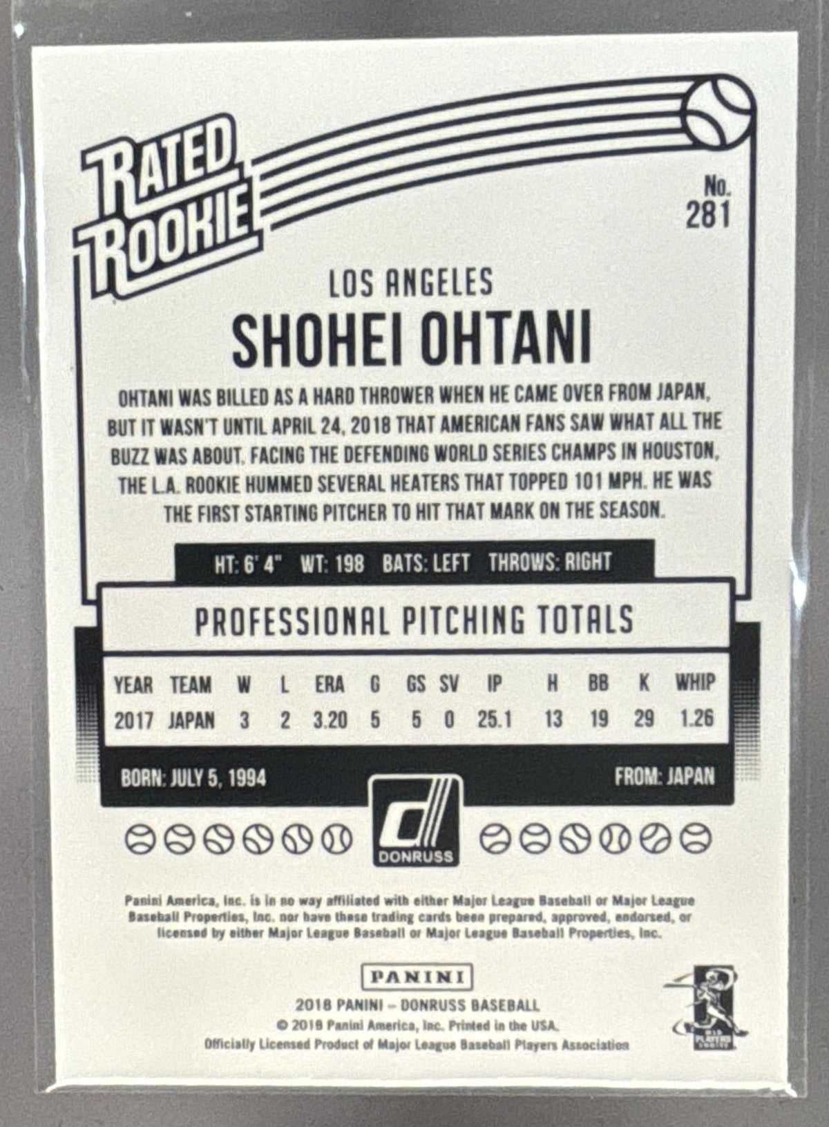 2018 Panini Donruss Shohei Ohtani #281 Wrapper Redemption Rated Rookie RC Angels