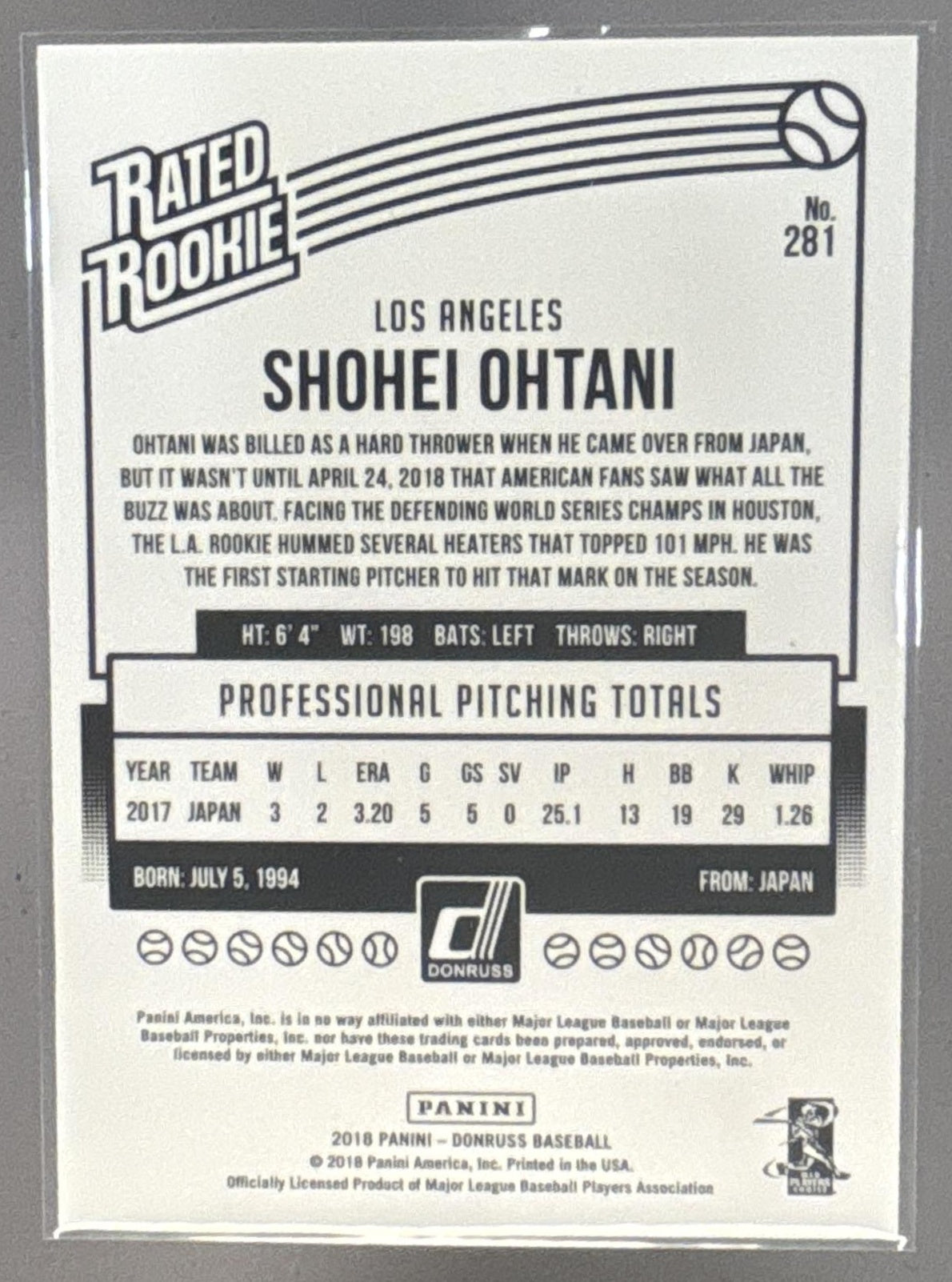 2018 Panini Donruss Shohei Ohtani #281 Wrapper Redemption Rated Rookie RC Angels