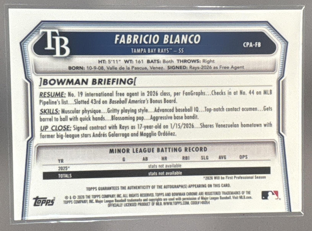 2026 Bowman Chrome Fabricio Blanco #CPA-FB Auto 1st Prospect Rays