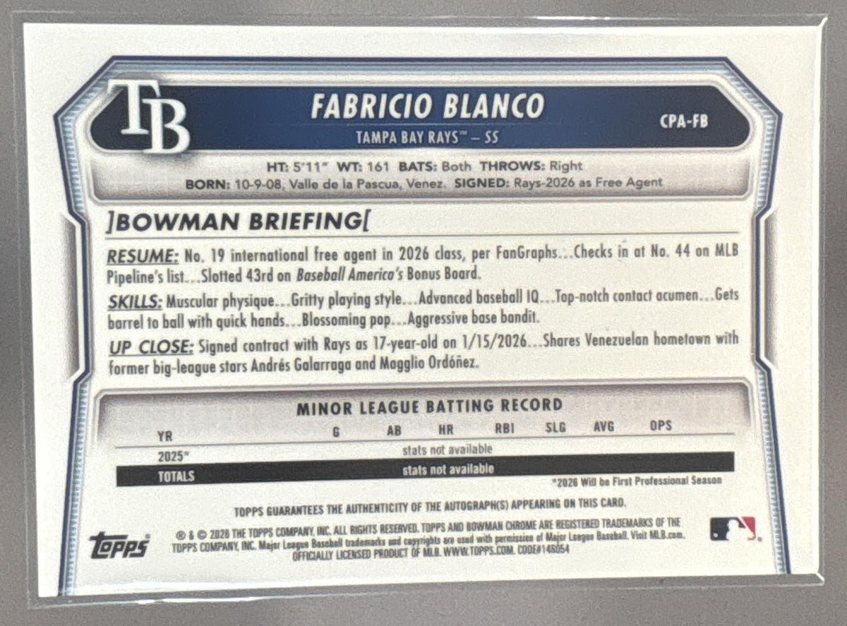 2026 Bowman Chrome Fabricio Blanco #CPA-FB Auto 1st Prospect Rays