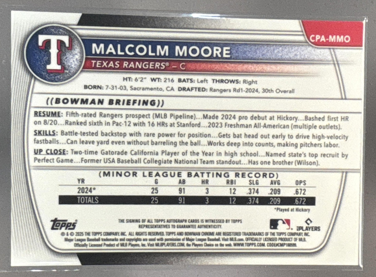 2025 Bowman Malcolm Moore #CPA-MMO Chrome Auto Mini Diamond Refractor /100 1st