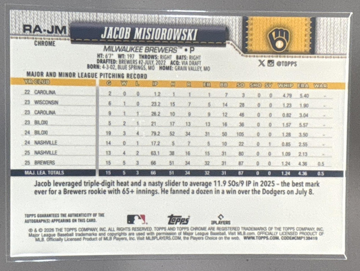 2026 Topps Chrome Sapphire Jacob Misiorowski Rookie Auto Gold Refractor /50 RC