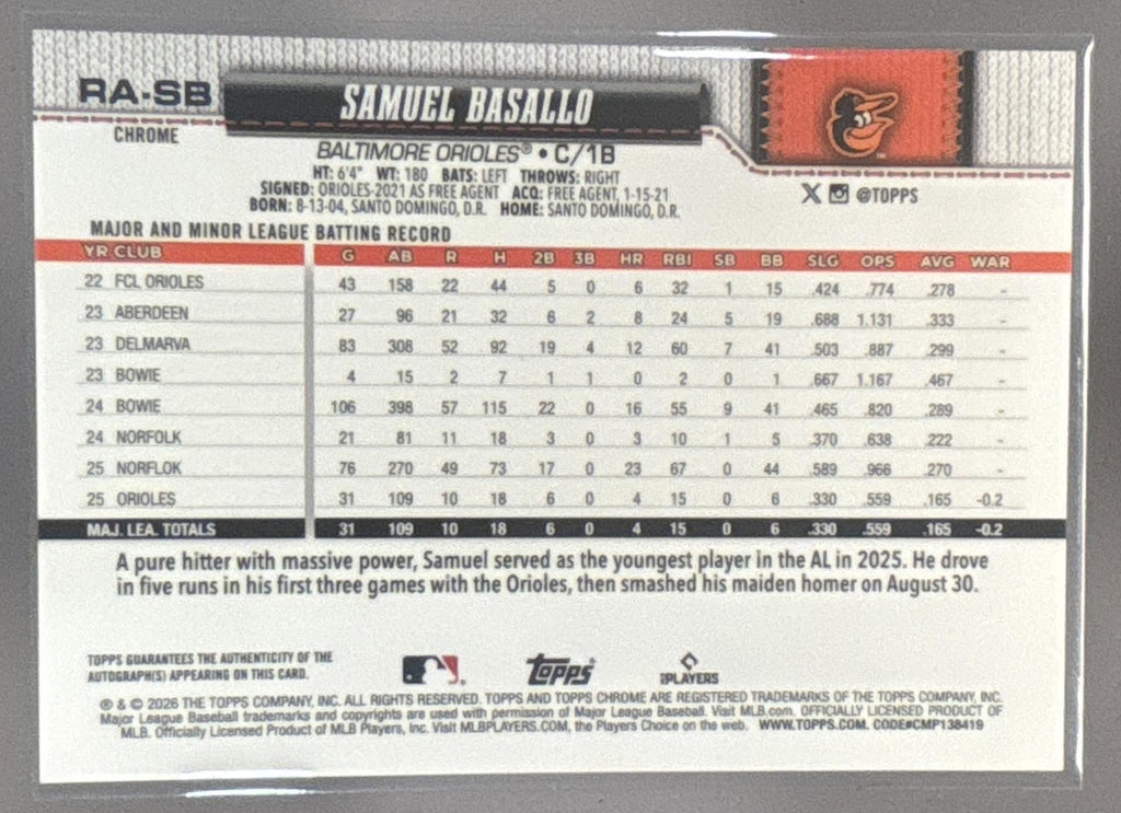 2026 Topps Chrome Sapphire Samuel Basallo Rookie Auto Orange Refractor /25 RC