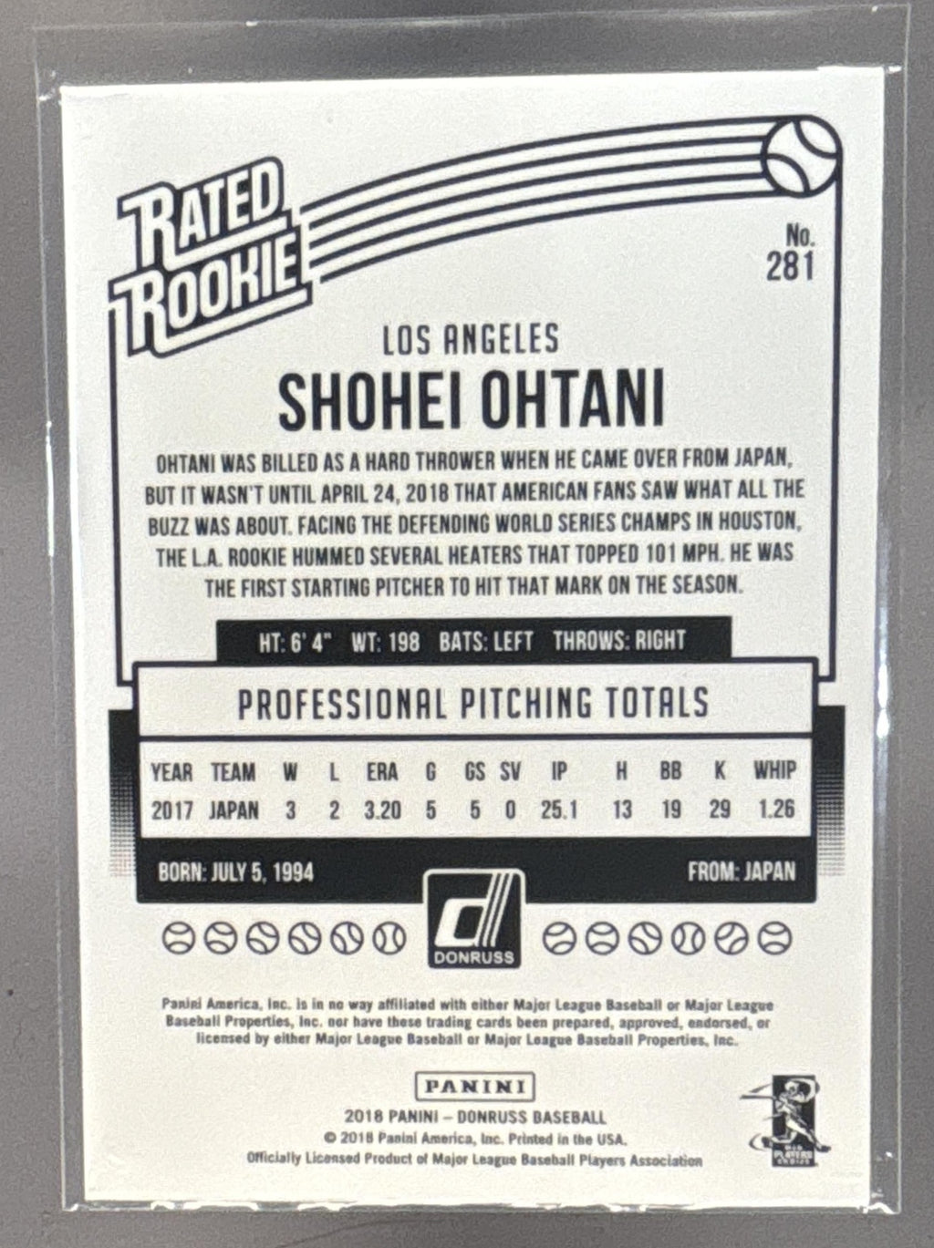 2018 Panini Donruss Shohei Ohtani #281 Wrapper Redemption Rated Rookie RC Angels
