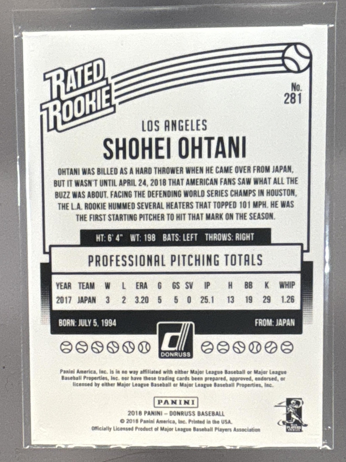 2018 Panini Donruss Shohei Ohtani #281 Wrapper Redemption Rated Rookie RC Angels
