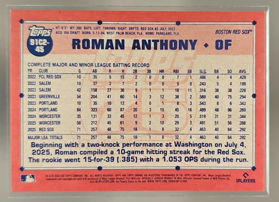 2026 Topps Series 2 Roman Anthony 1991 Chrome Silver Pack Gold Refractor /50 RC