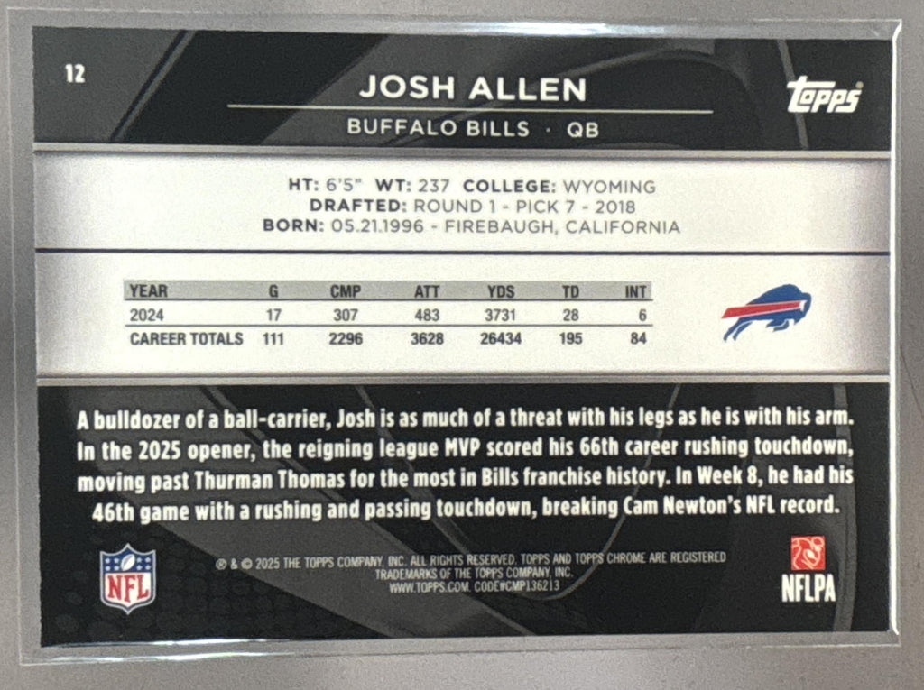 2025 Topps Chrome Black Josh Allen #12 Blue Wave Refractor /150 Bills