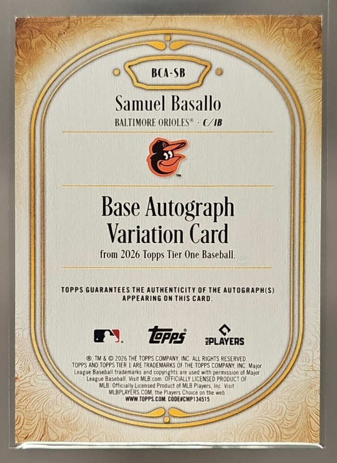 2026 Topps Tier One Samuel Basallo #BCA-SB 3 Auto Holo Silver Foil /10 RC