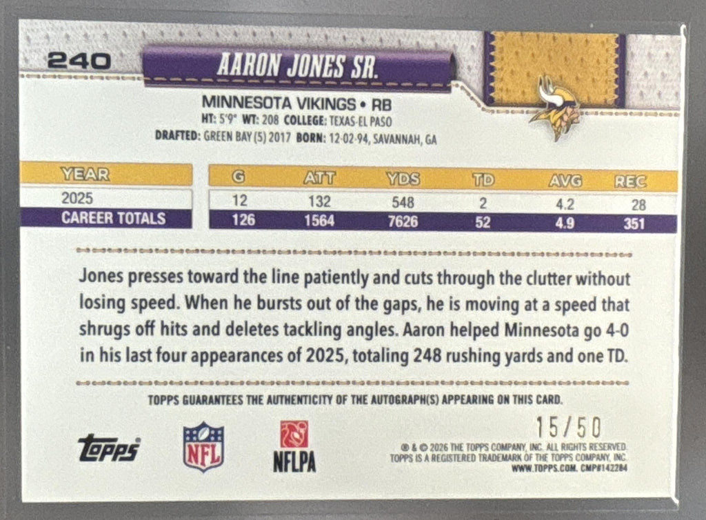 2026 Topps Aaron Jones Sr. #240 Real One Auto Gold Foil 15/50 SSP Vikings