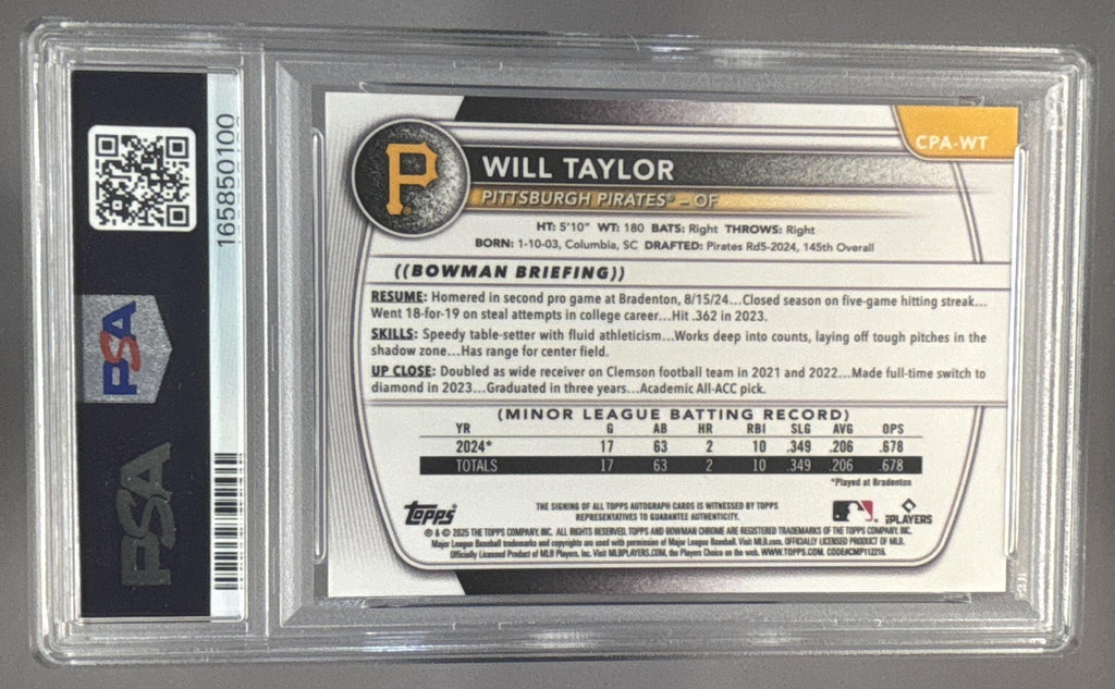 2025 Bowman Chrome Will Taylor #CPA-WT Auto 1st Prospect PSA 9