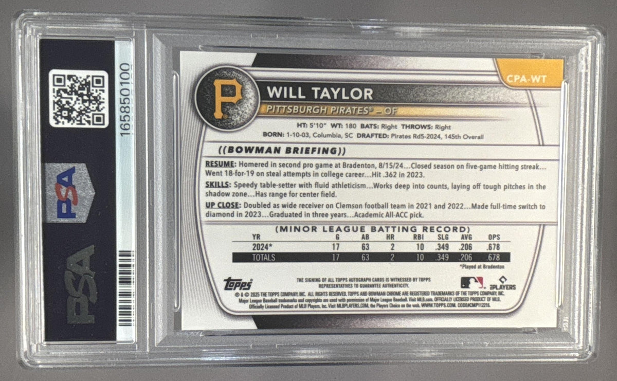 2025 Bowman Chrome Will Taylor #CPA-WT Auto 1st Prospect PSA 9
