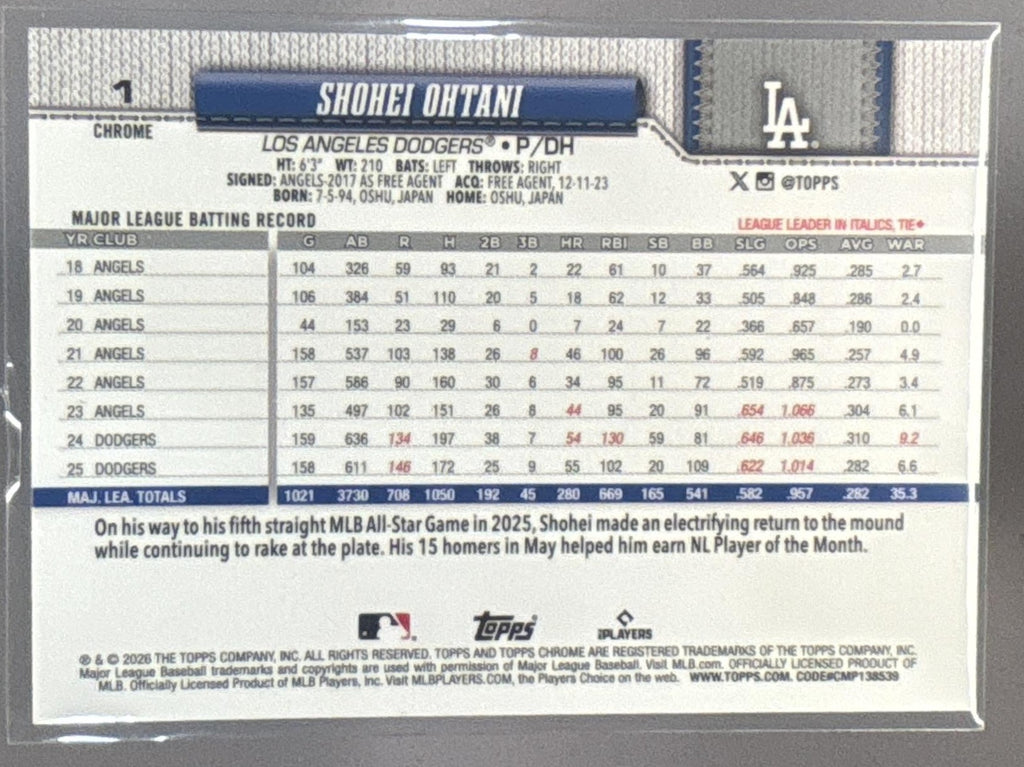 2026 Topps Chrome Shohei Ohtani #1 Raywave Refractor Dodgers