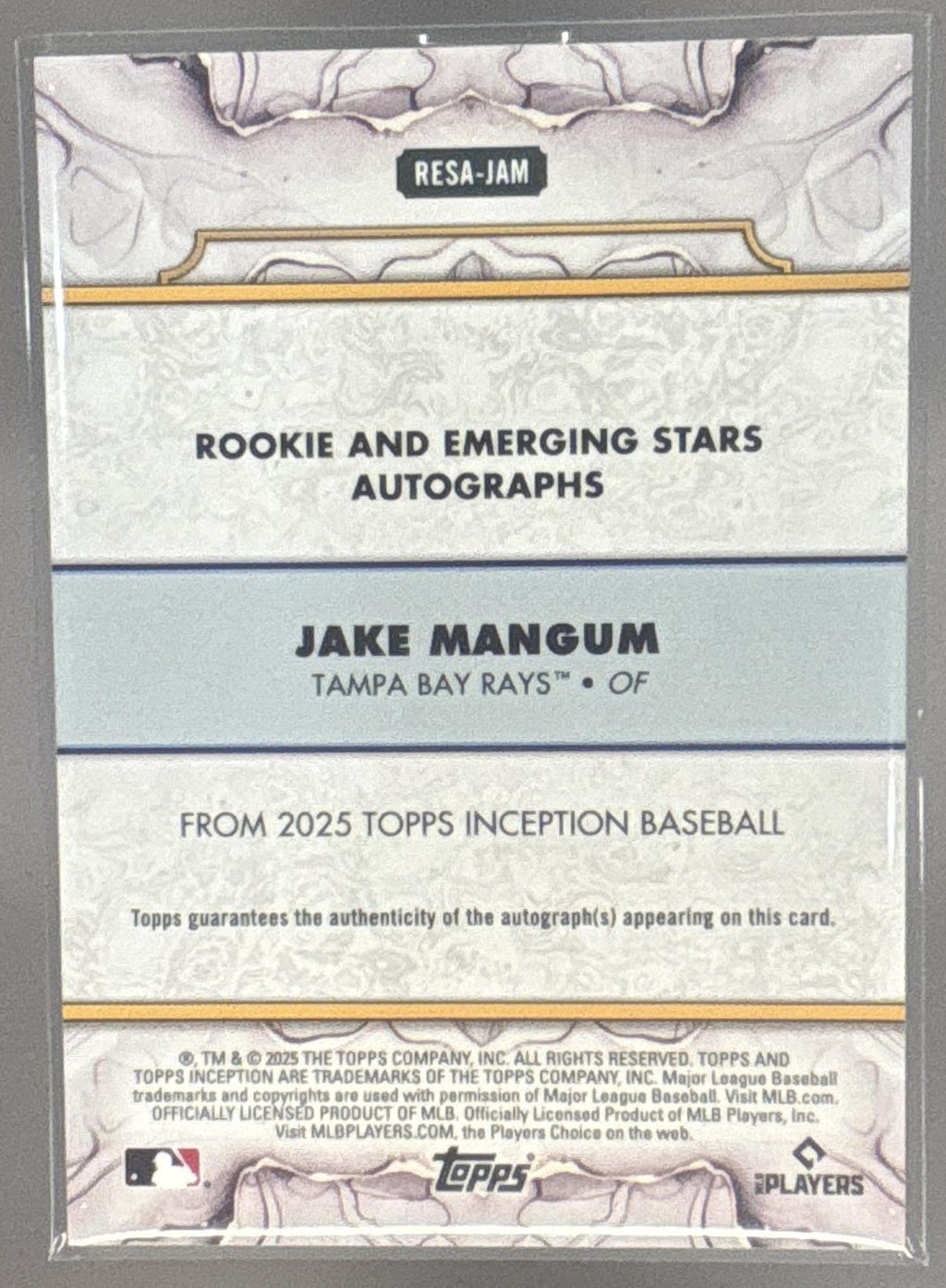 2025 Topps Inception Jake Mangum Rookies And Emerging Stars Gold Auto /50 RC