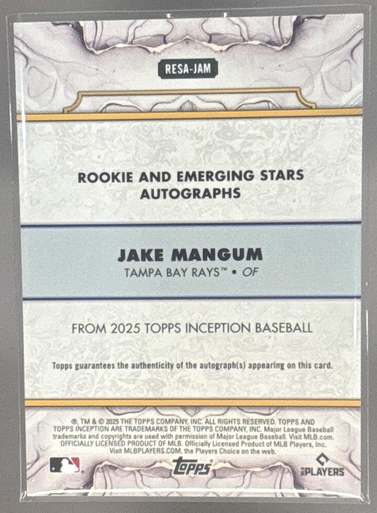 2025 Topps Inception Jake Mangum Rookies And Emerging Stars Gold Auto /50 RC
