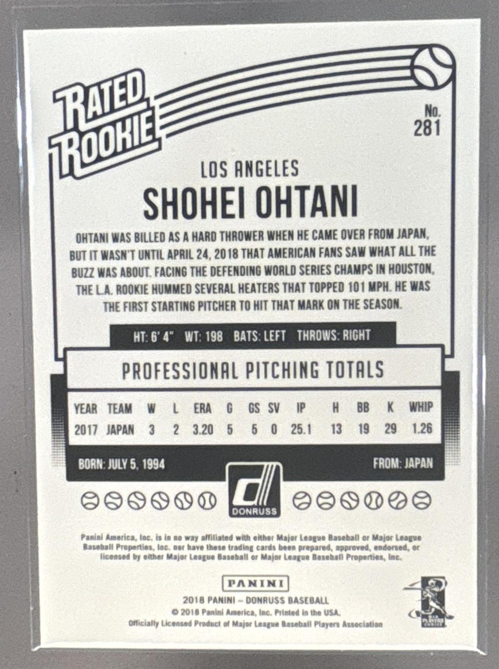 2018 Panini Donruss Shohei Ohtani #281 Wrapper Redemption Rated Rookie RC Angels