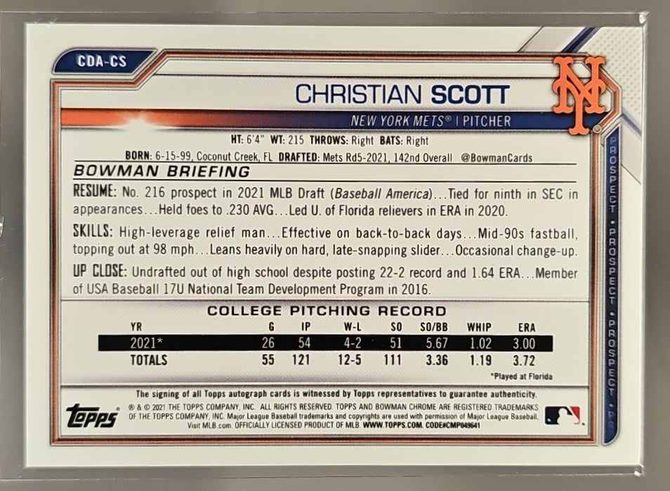 2021 Bowman Draft Christian Scott Chrome Pick Auto Aqua Lava Refractor /199