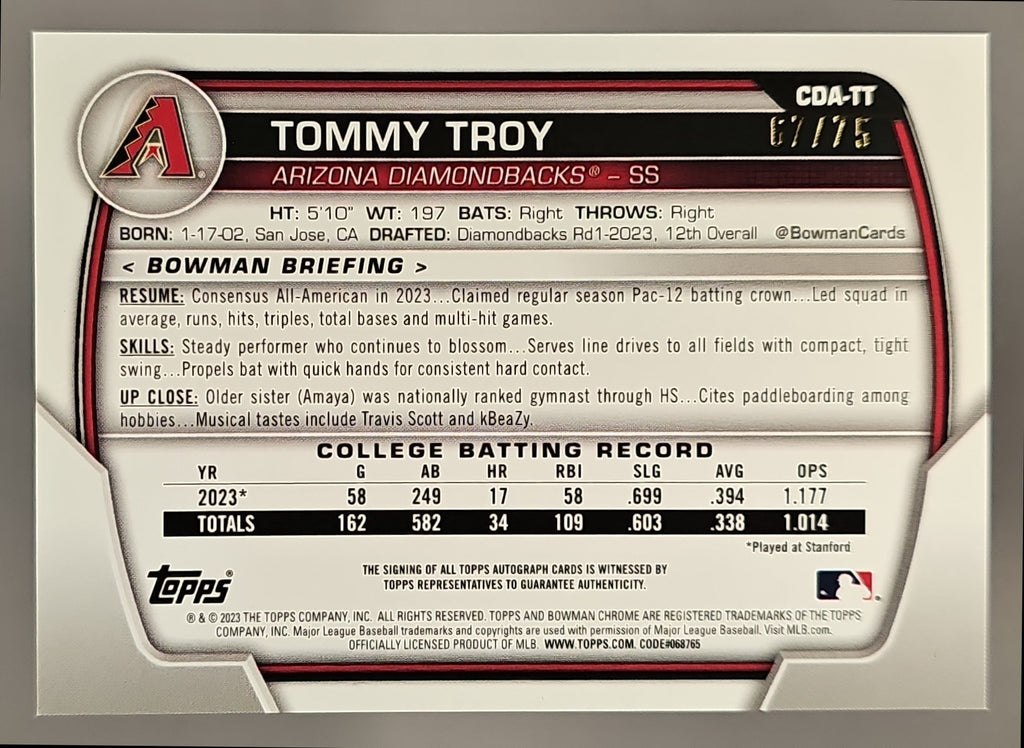 2023 Bowman Draft Tommy Troy Chrome Auto Black Refractor /75 1st Prospect